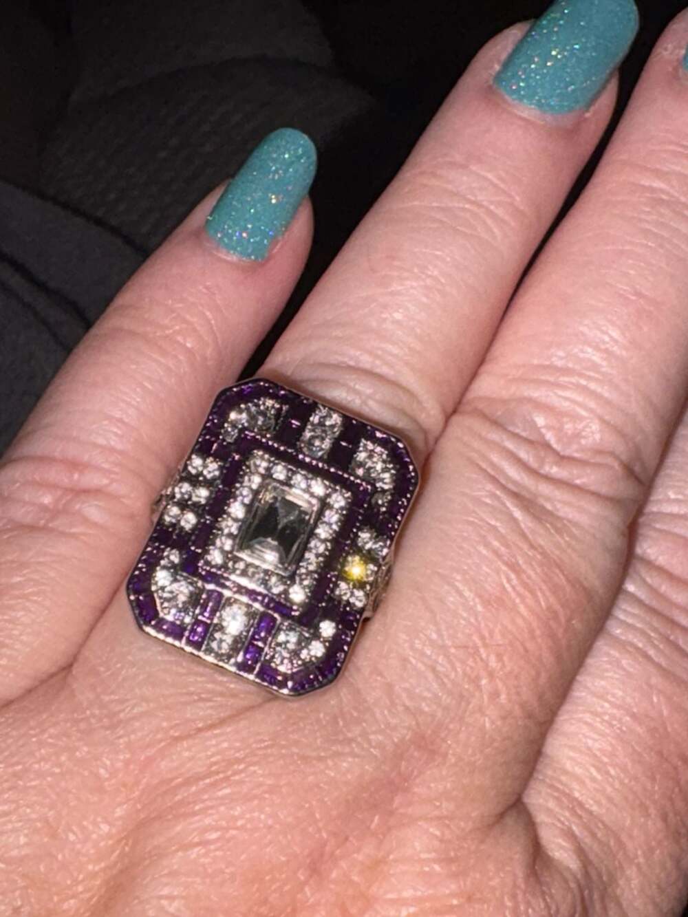 Art Deco Purple Enamel Crystal Emerald Cut Geometric Cocktail Ring Size 9